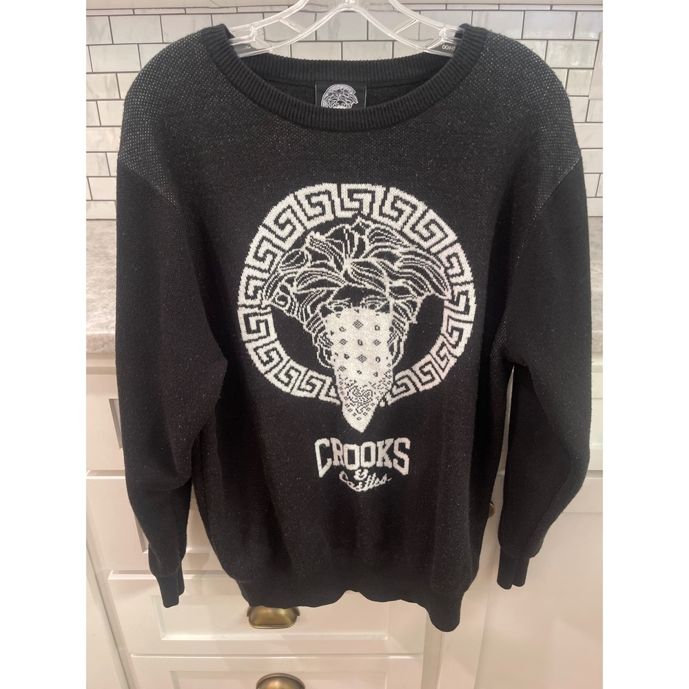 Crooks & Castles Sweater Mens M Black Medusa Bandana Graphic Knit Streetwear